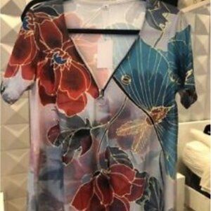 Jewel Tone Floral Design Short Sleeve Blouse  (MED) NWT